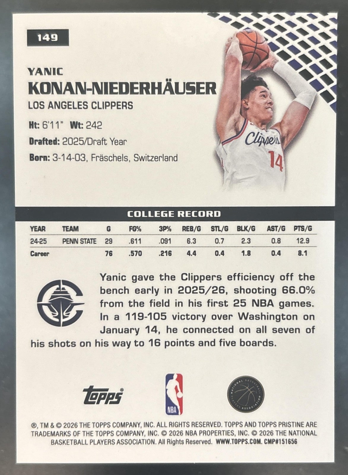 2025-26 Topps Pristine Yanic Konan-Niederhauser Orange /25 #149 RC Clippers