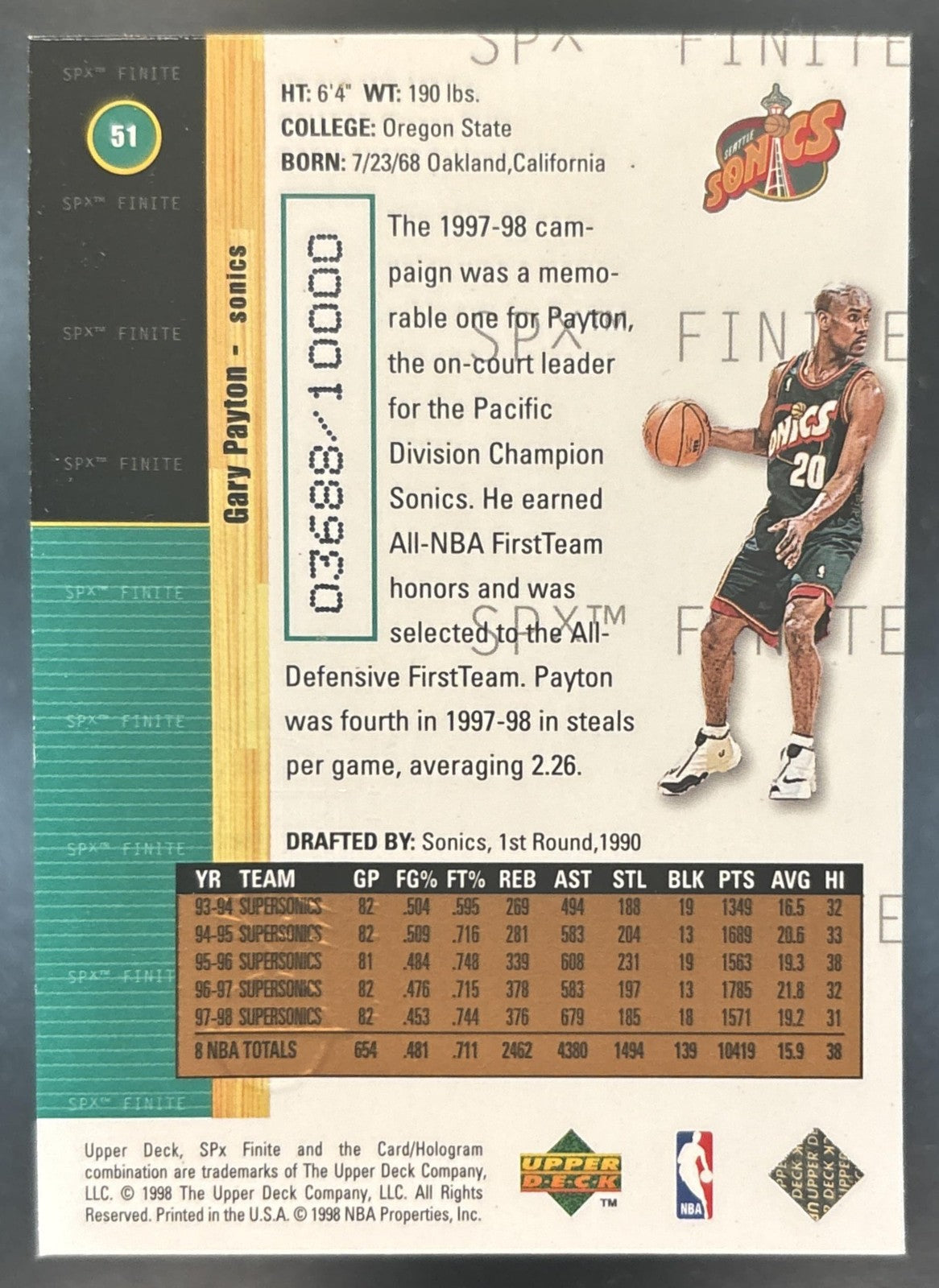 1998-99 SPx Finite Gary Payton /10000 #51 Seattle SuperSonics