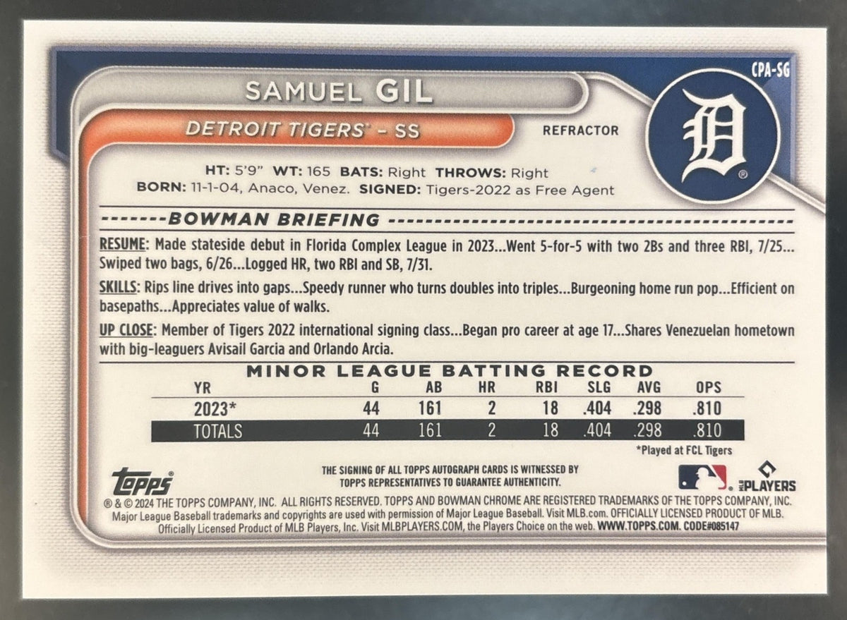 2024 Bowman Chrome Samuel Gil Auto Refractor /499 1st Prospect Detroit Tigers