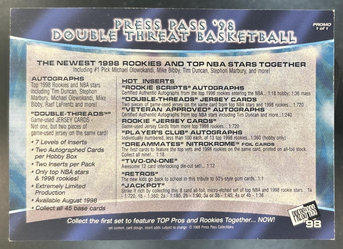 1998 Press Pass Double Threat Mike Bibby Tim Duncan Dreammates #DM1