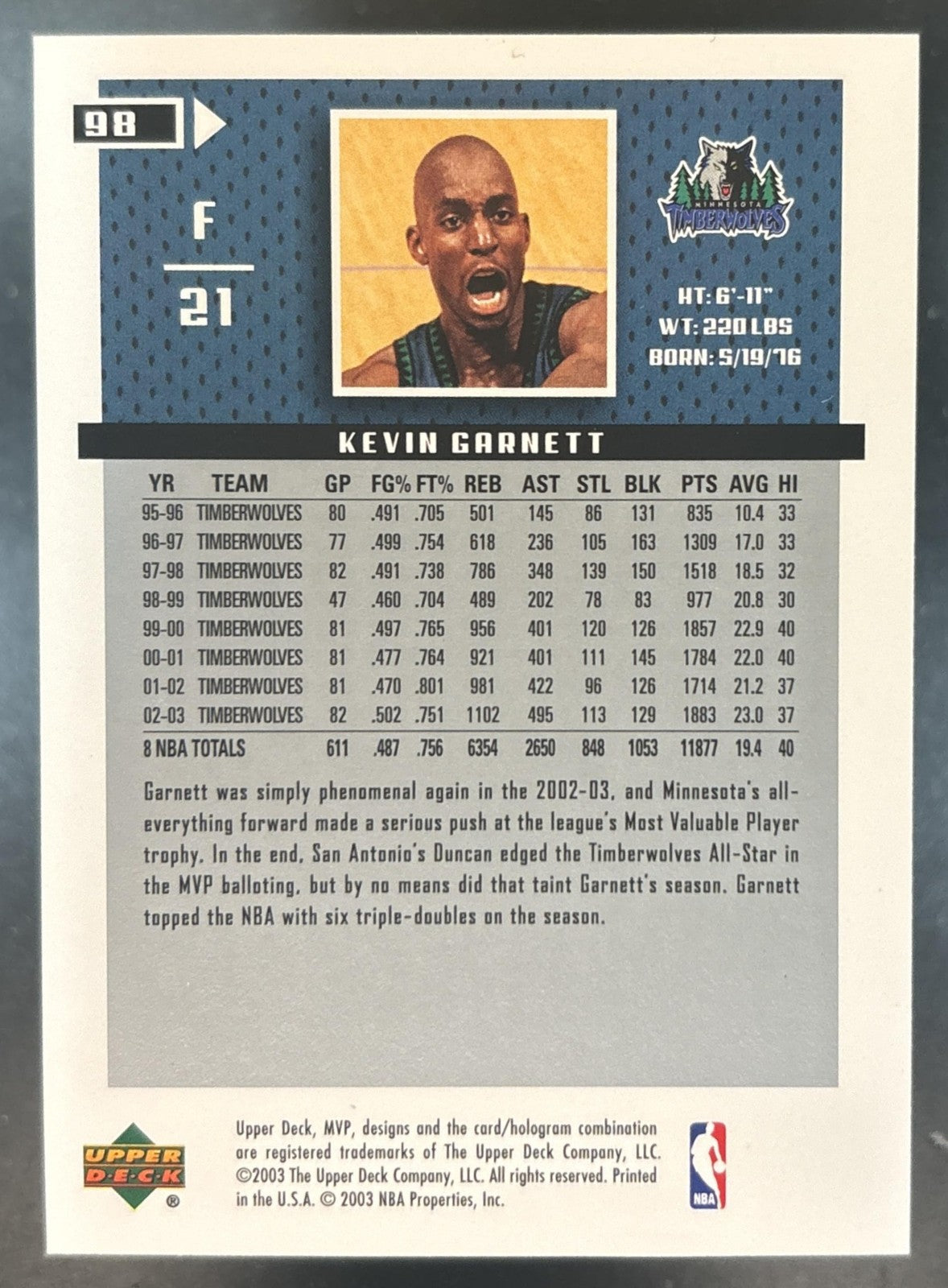 2003-04 Upper Deck MVP Kevin Garnett #98 Minnesota Timberwolves