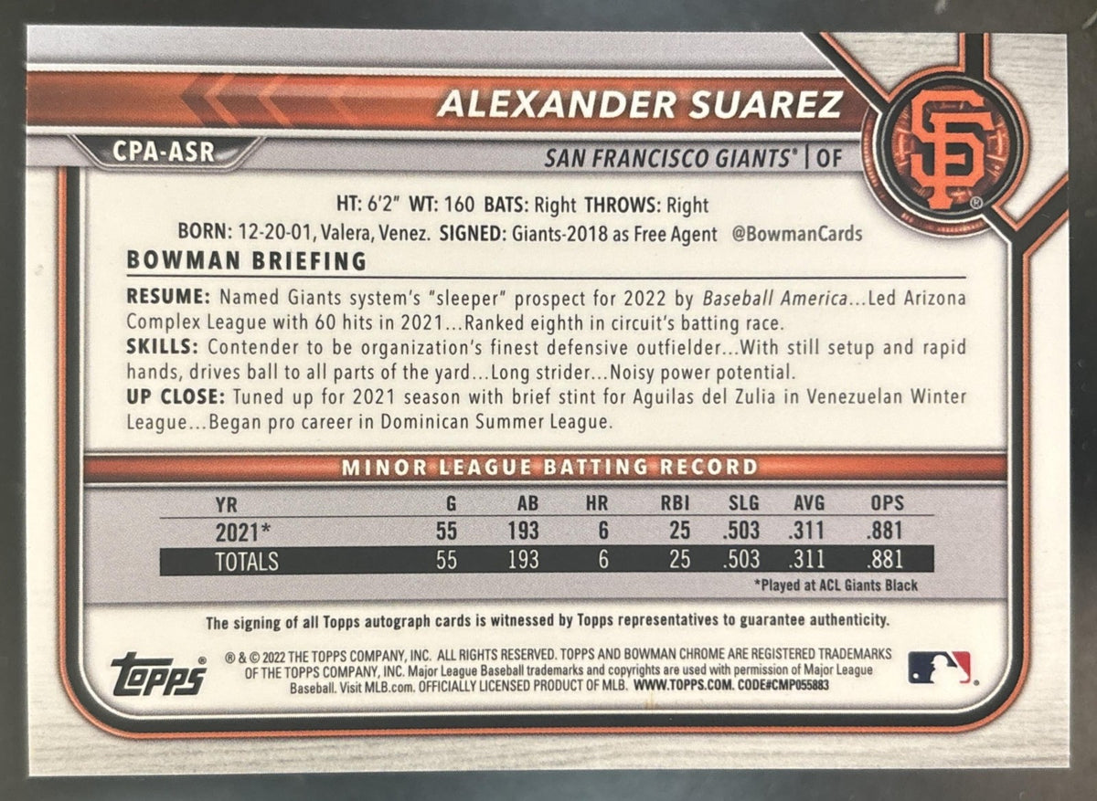 2022 Bowman Chrome Alexander Suarez Auto Purple /250 1st Prospect Giants