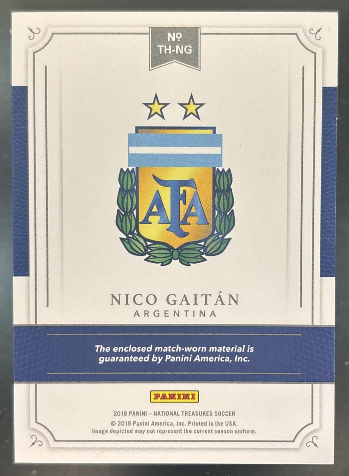 2018 Panini National Treasures Nico Gaitan Treasured Threads /99 MEM Argentina