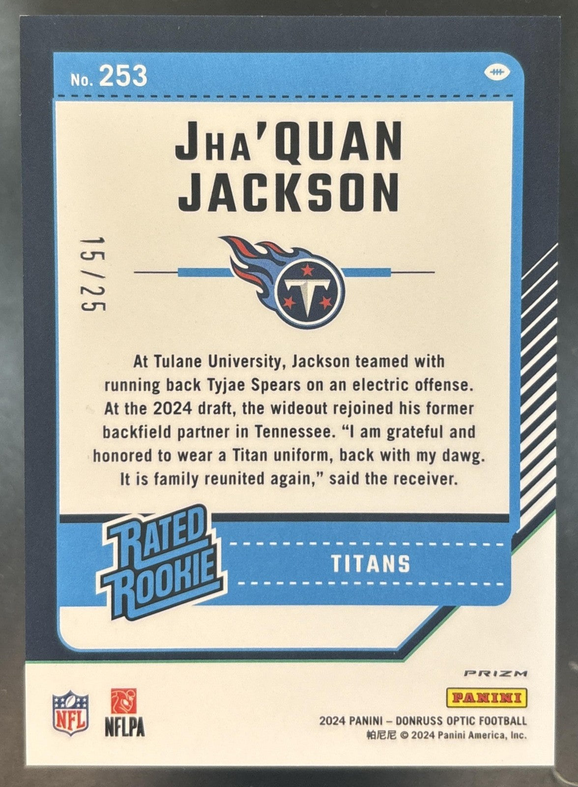 2024 Donruss Optic Jha'Quan Jackson Black Pandora /25 RC #253 Tennessee Titans
