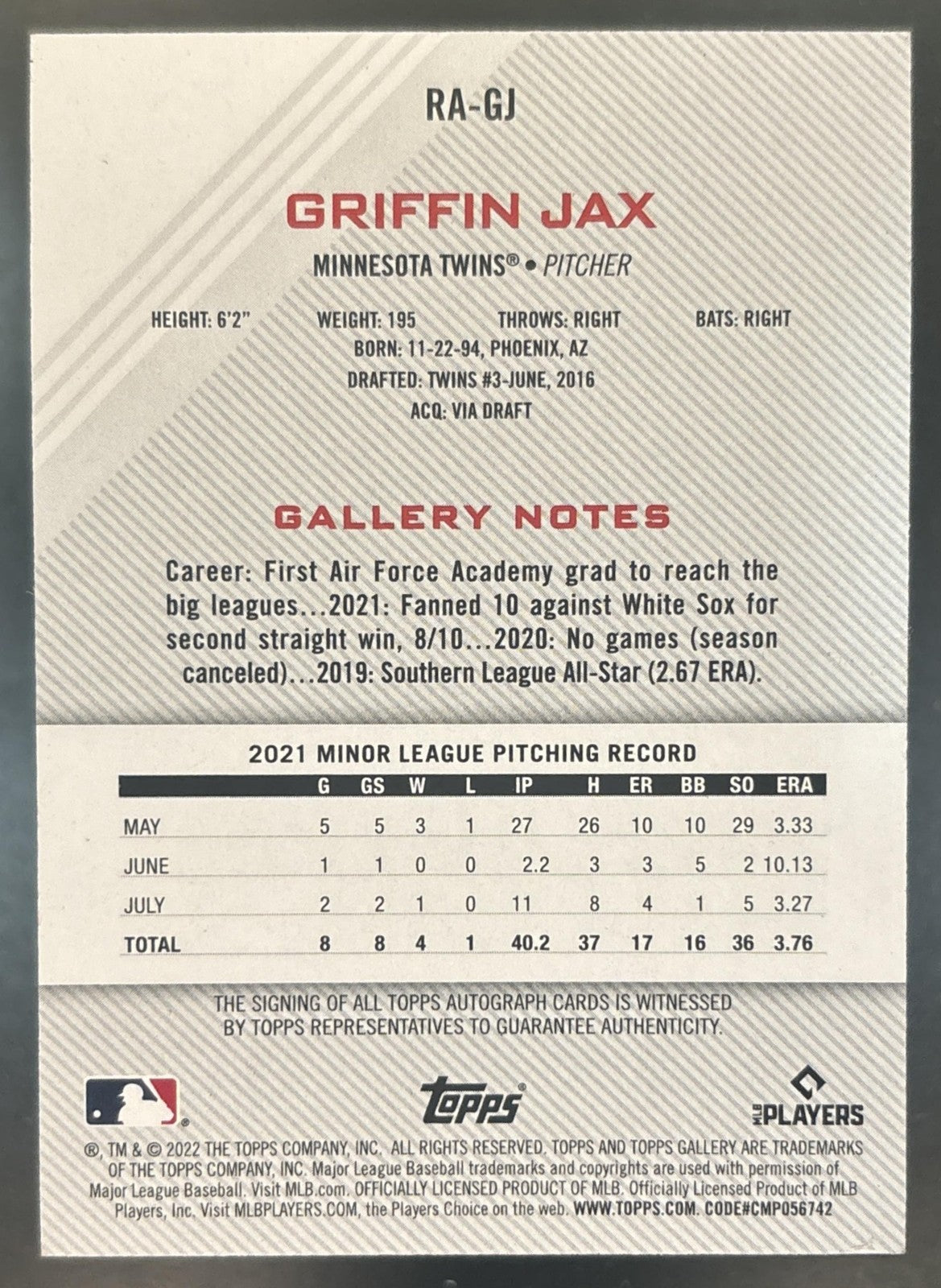 2022 Topps Gallery Griffin Jax Rookies Auto #RA-GJ RC Minnesota Twins