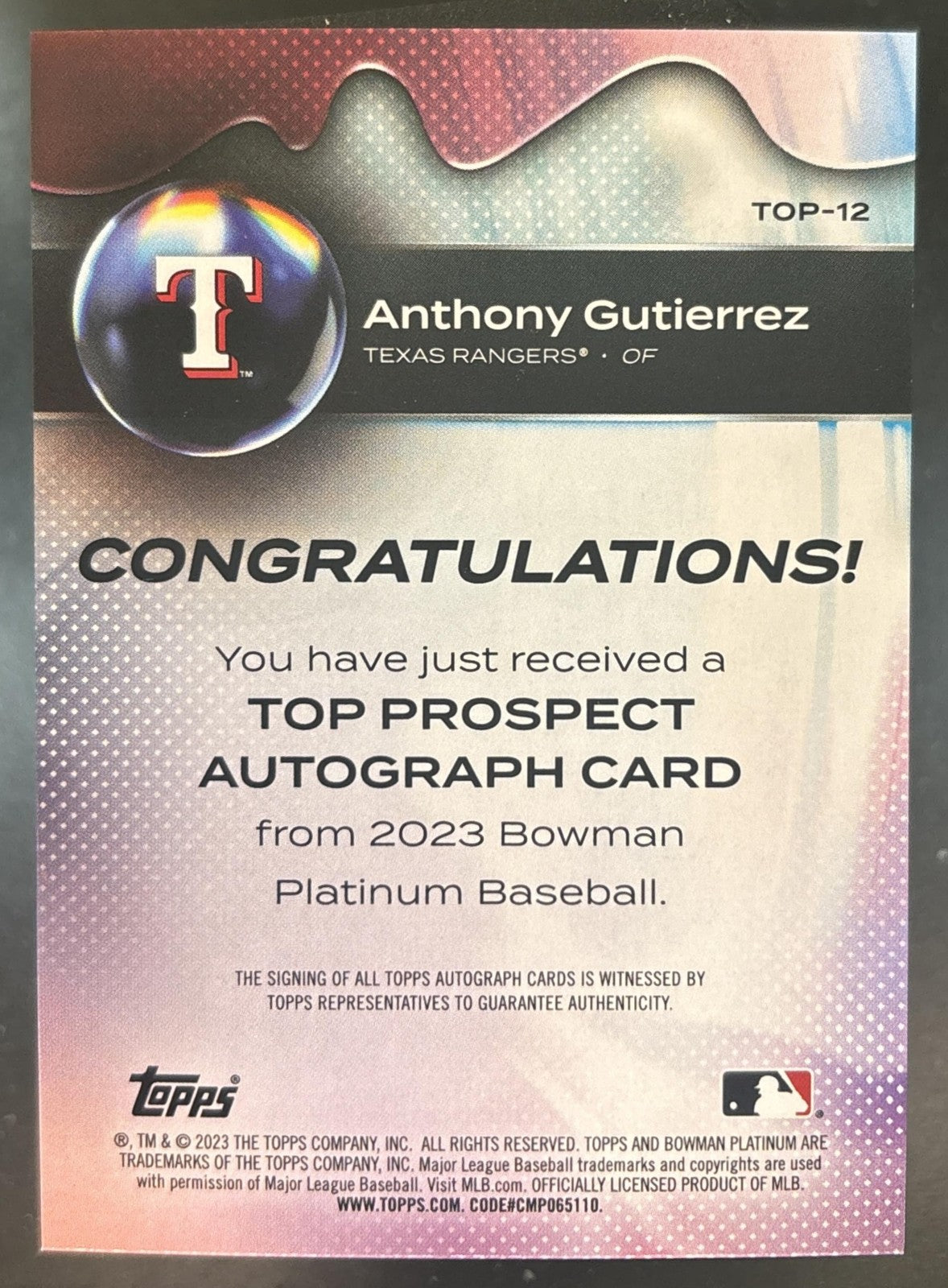 2023 Bowman Platinum Anthony Gutierrez Top Prospects Auto #TOP-12 Texas Rangers