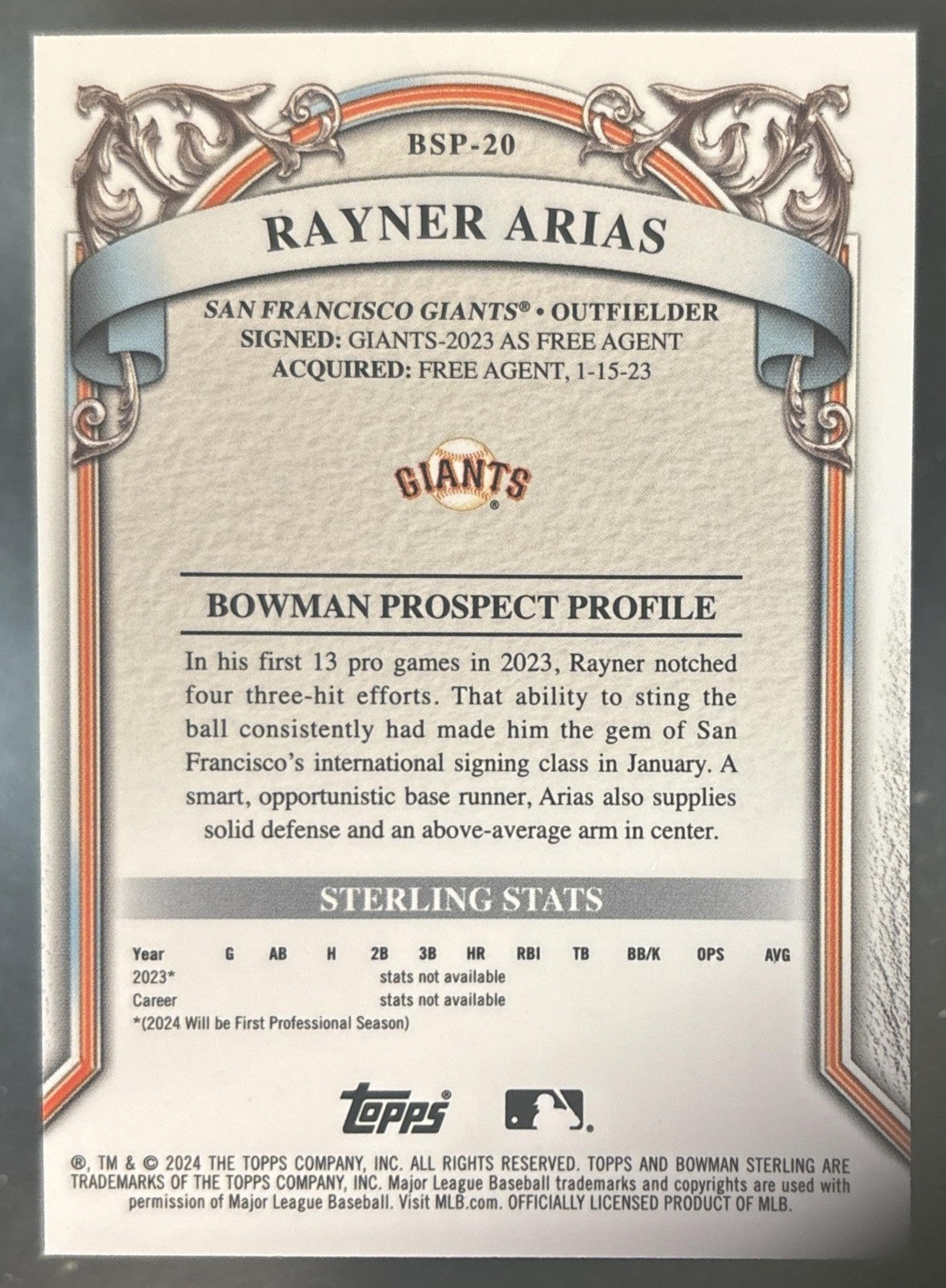 2024 Bowman Sterling Rayner Arias Prospect Silver /100 #BSP-20 Giants
