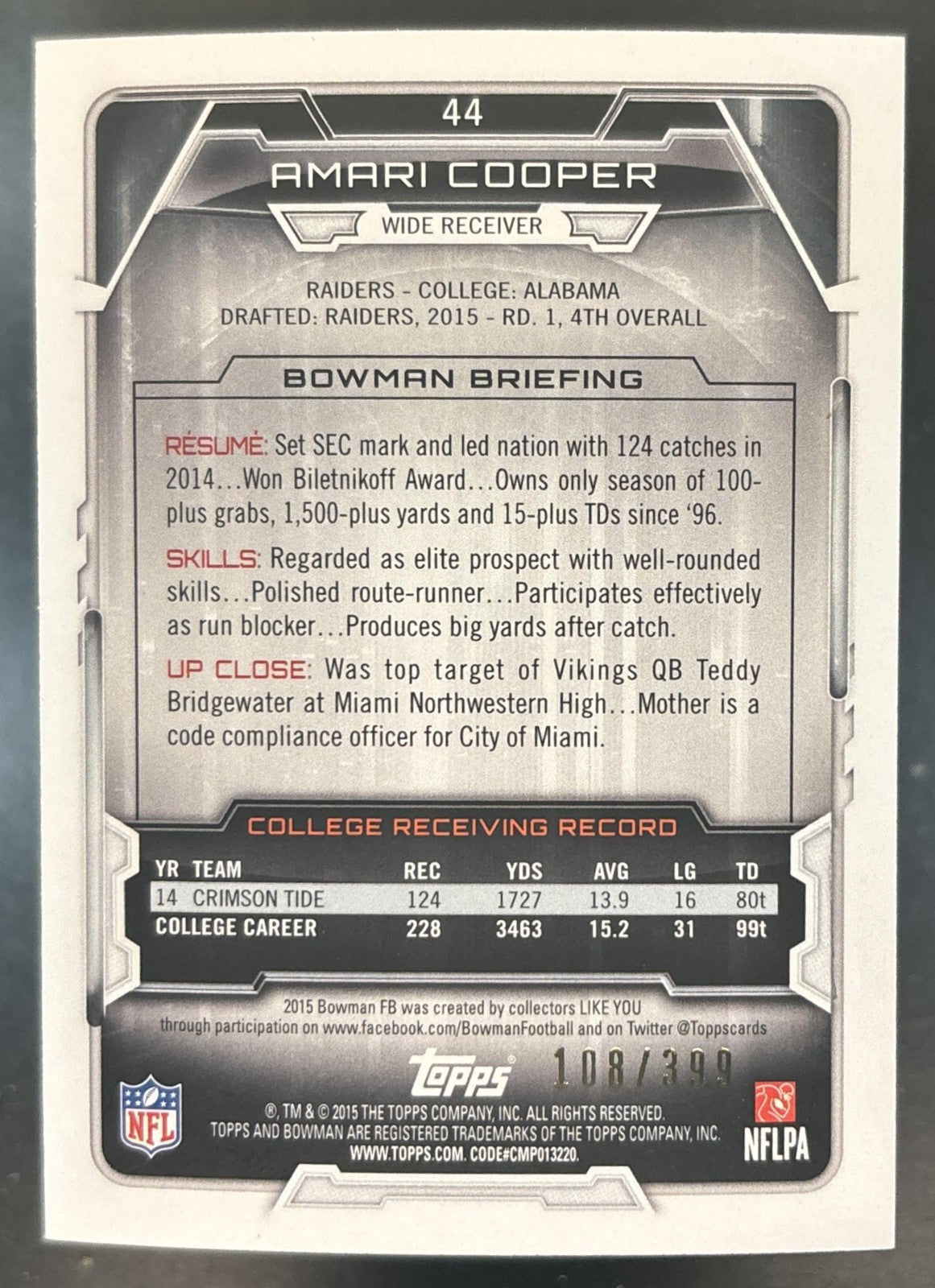 2015 Bowman Amari Cooper Rookies Rainbow Gold /399 #44 RC Oakland Raiders