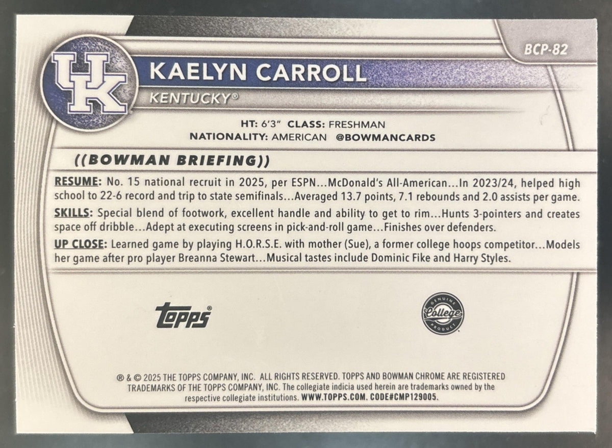 2025-26 Bowman Kaelyn Carroll Chrome Green /99 #BCP-82 1st Prospect Wildcats