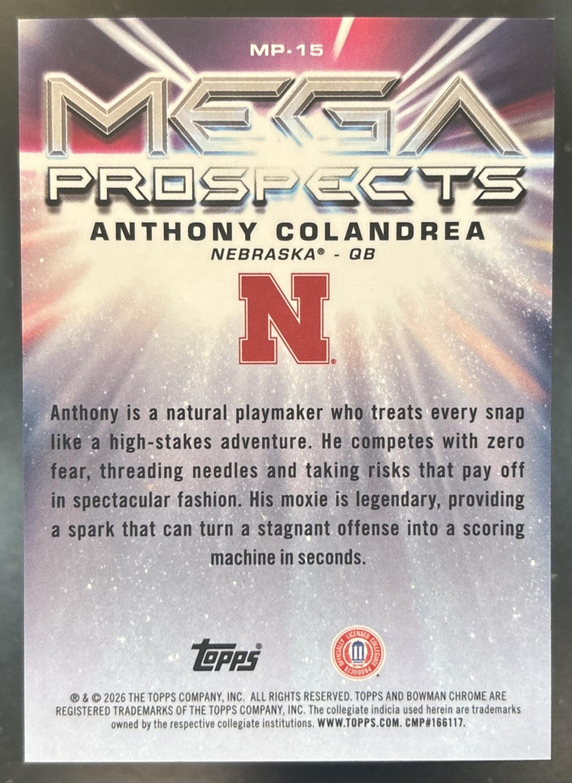 2026 Bowman Anthony Colandrea Chrome Mega Prospects Green Mojo /99 Cornhuskers