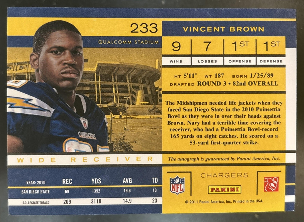 2011 Panini Playoff Contenders Vincent Brown #233 RC Auto San Diego Chargers
