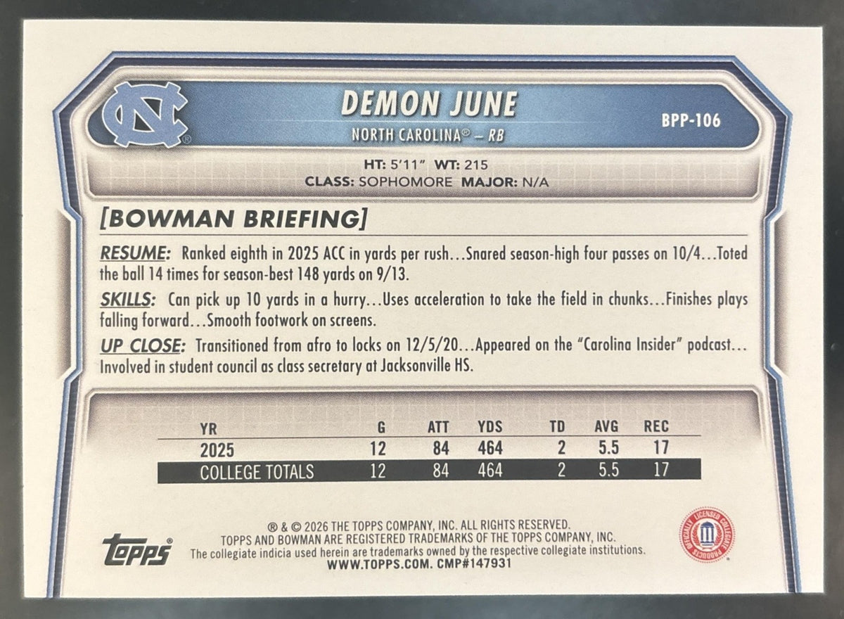 2026 Bowman Demon June Paper Aqua /199 #BPP-106 1st Prospect Tar Heels