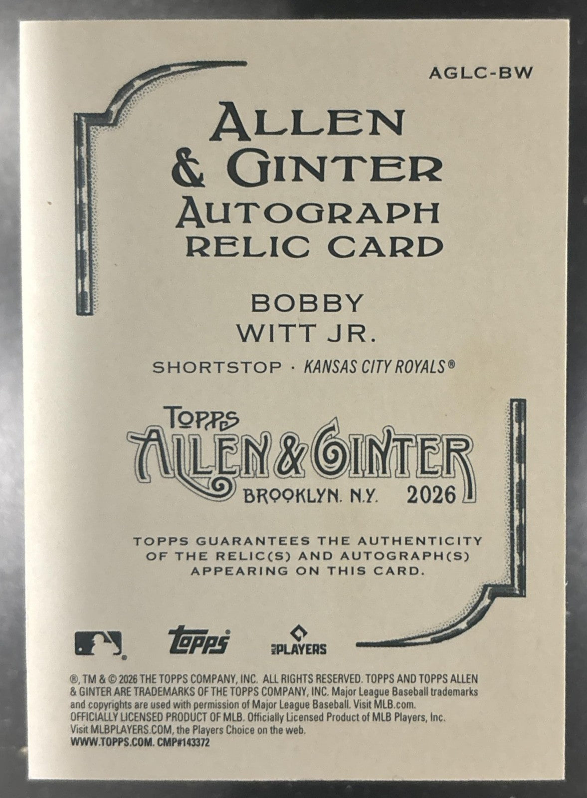 2026 Topps Allen & Ginter Bobby Witt Jr. Auto Relics Red Filagree 1/5 MEM Royals