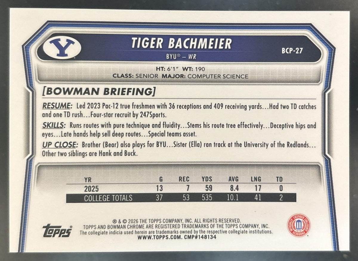 2026 Bowman Tiger Bachmeier Chrome Orange Reptilian /25 #BCP-27 1st Prospect BYU