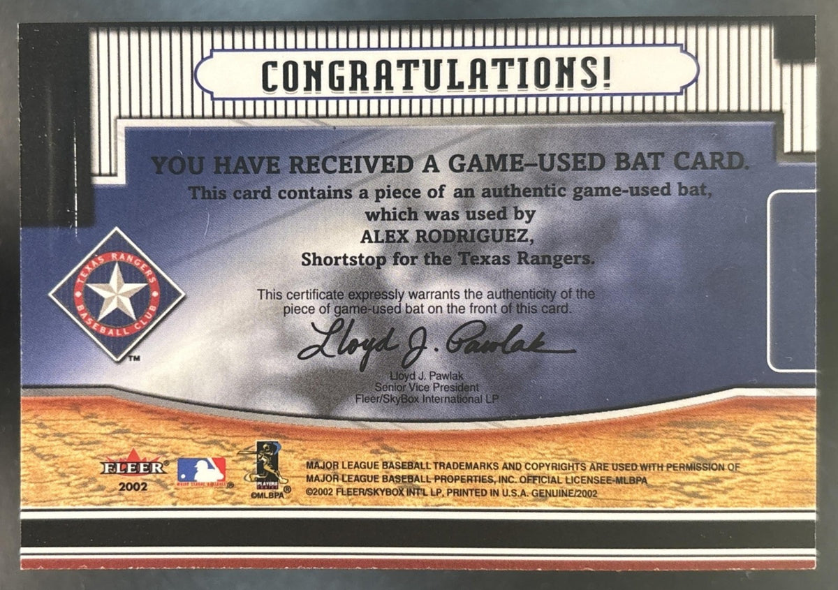2002 Fleer Genuine Alex Rodriguez Bat's Incredible Game Used MEM Texas Rangers