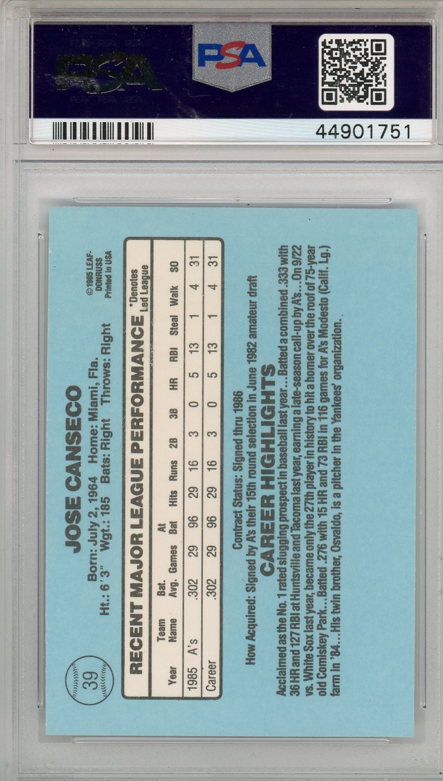 1986 Donruss Jose Canseco Rookie #39 PSA 8 Oakland Athletics