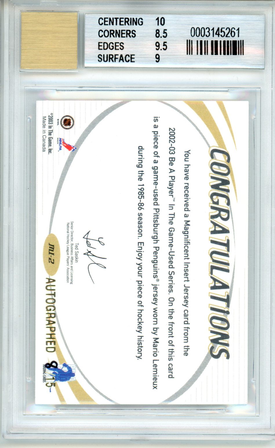 2002 ITG Used Magnificent Auto Mario Lemieux 85/86 Jersey 08/15 BGS 9 AUTO 10