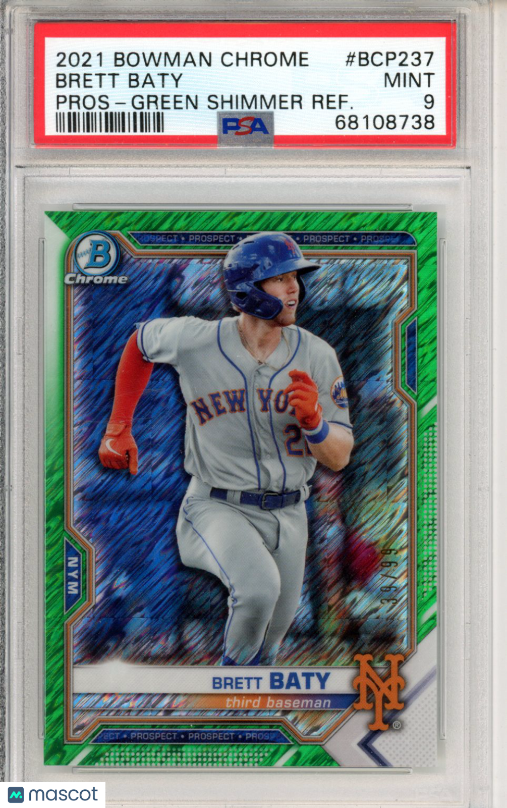 2021 Bowman Chrome Prospects Brett Baty Green Shimmer Refractor /99 PSA 9 Mets