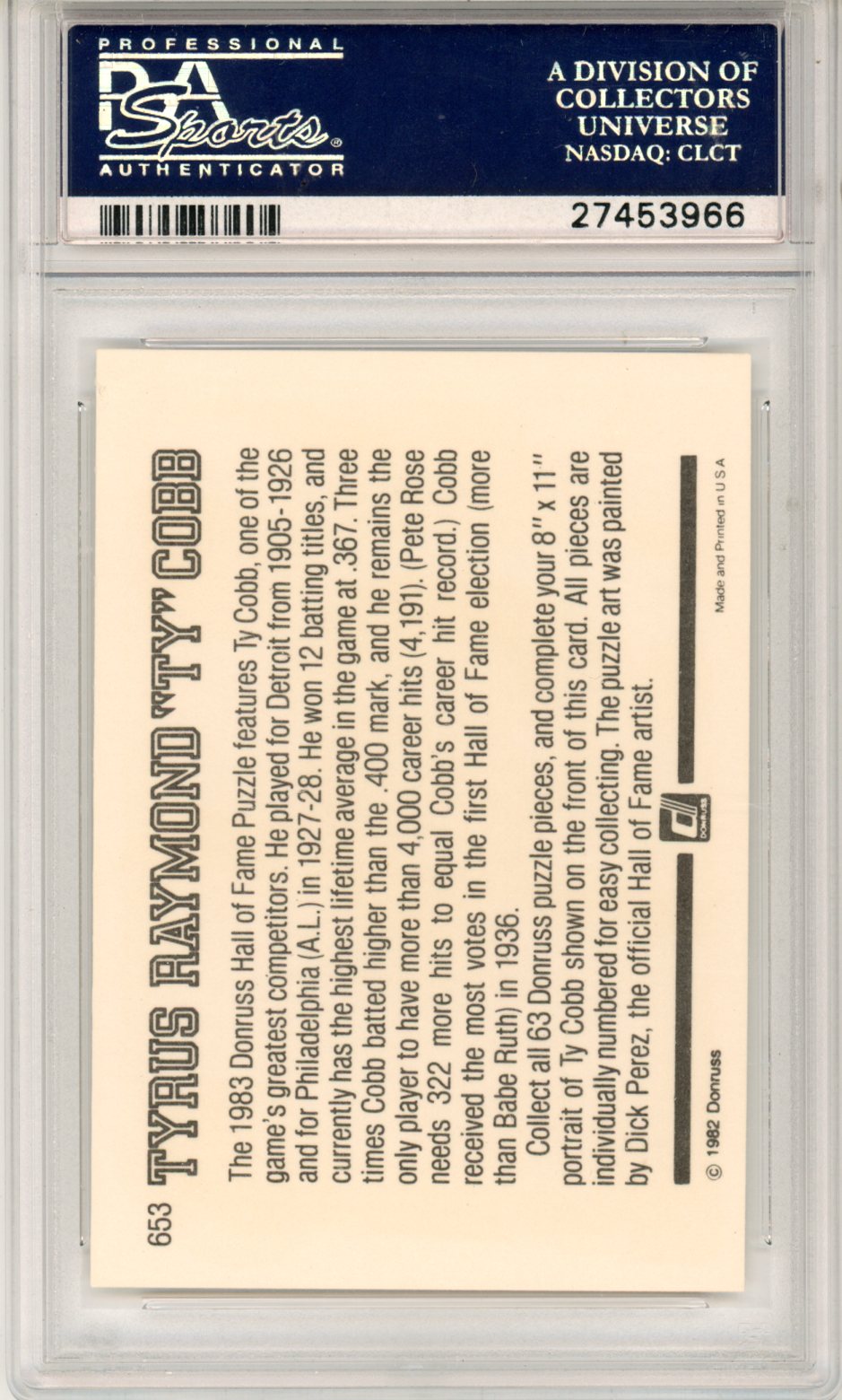 1983 Donruss Ty Cobb (Puzzle) #653 PSA 10
