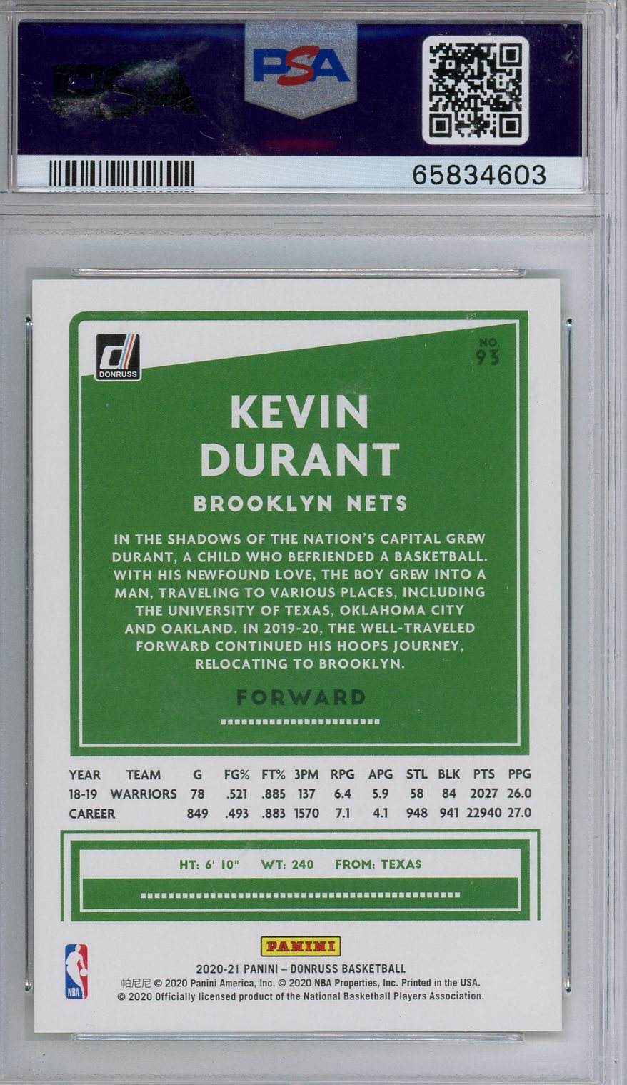 2020 Panini Donruss Kevin Durant Gold Laser #93 PSA 8