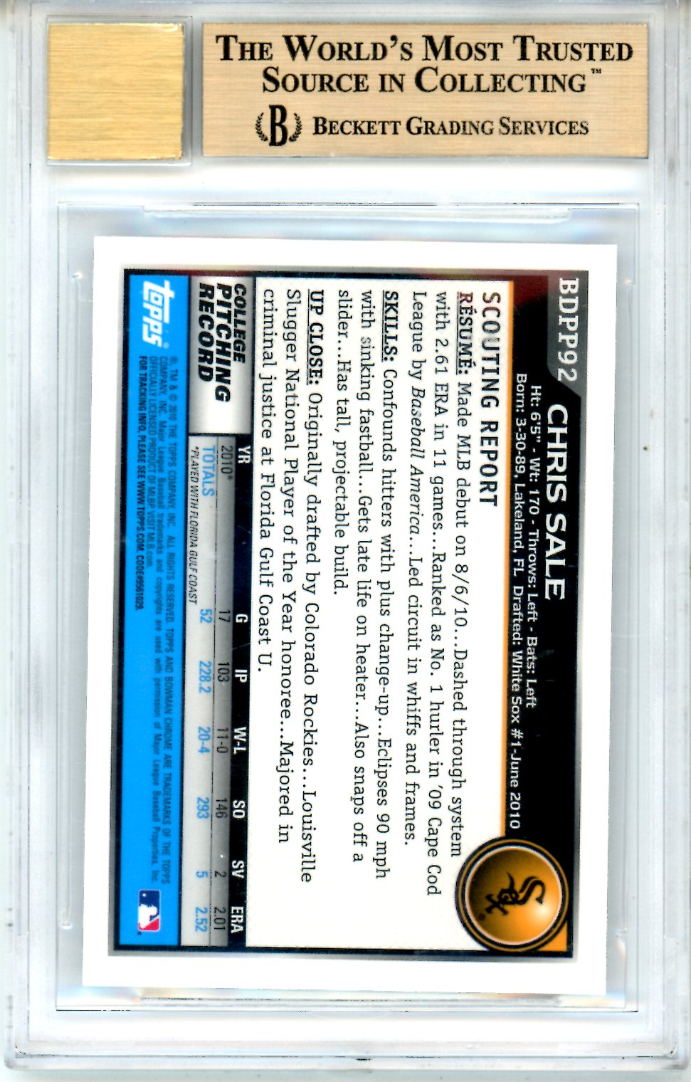 2010 Bowman Chrome Draft Prospects Auto Chris Sale BGS 9.5 AUTO 10