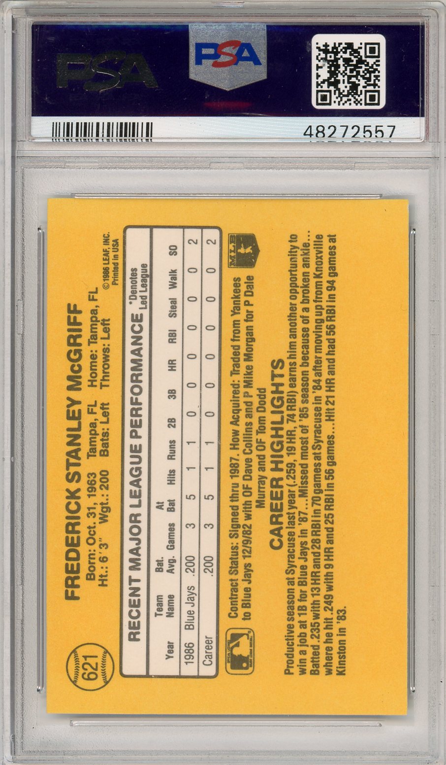 1987 Donruss Fred Mcgriff #621 PSA 9 MINT