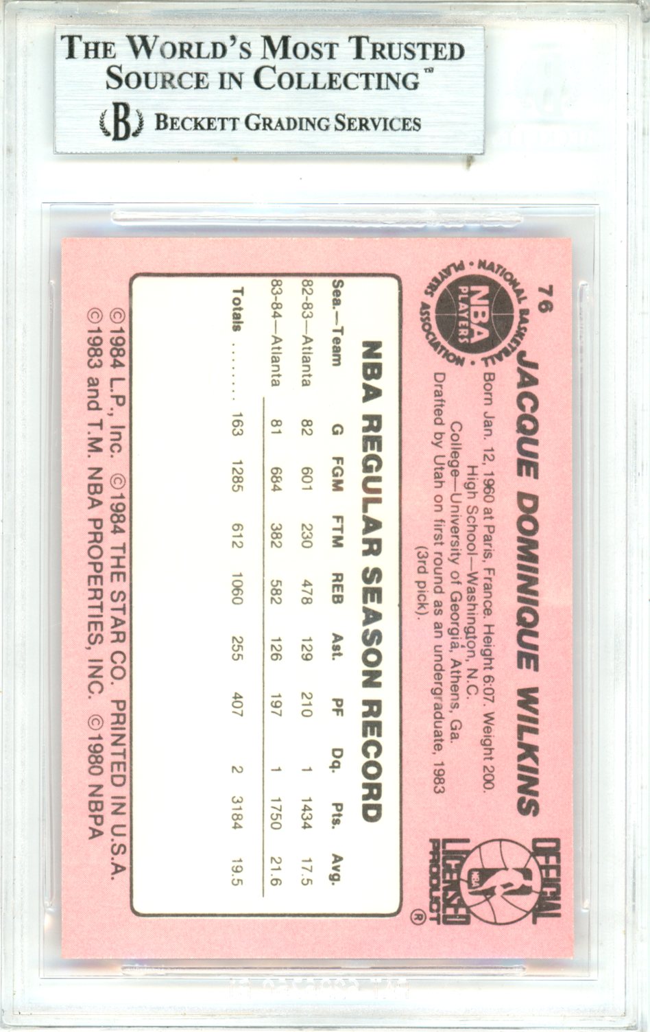 1984-85 Star Dominique Wilkins HOF BGS 9 #76