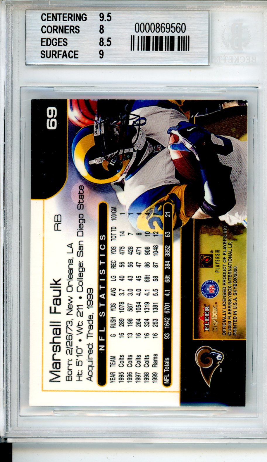 2000 SkyBox Marshall Faulk #69 BGS 8.5 St. Louis Rams