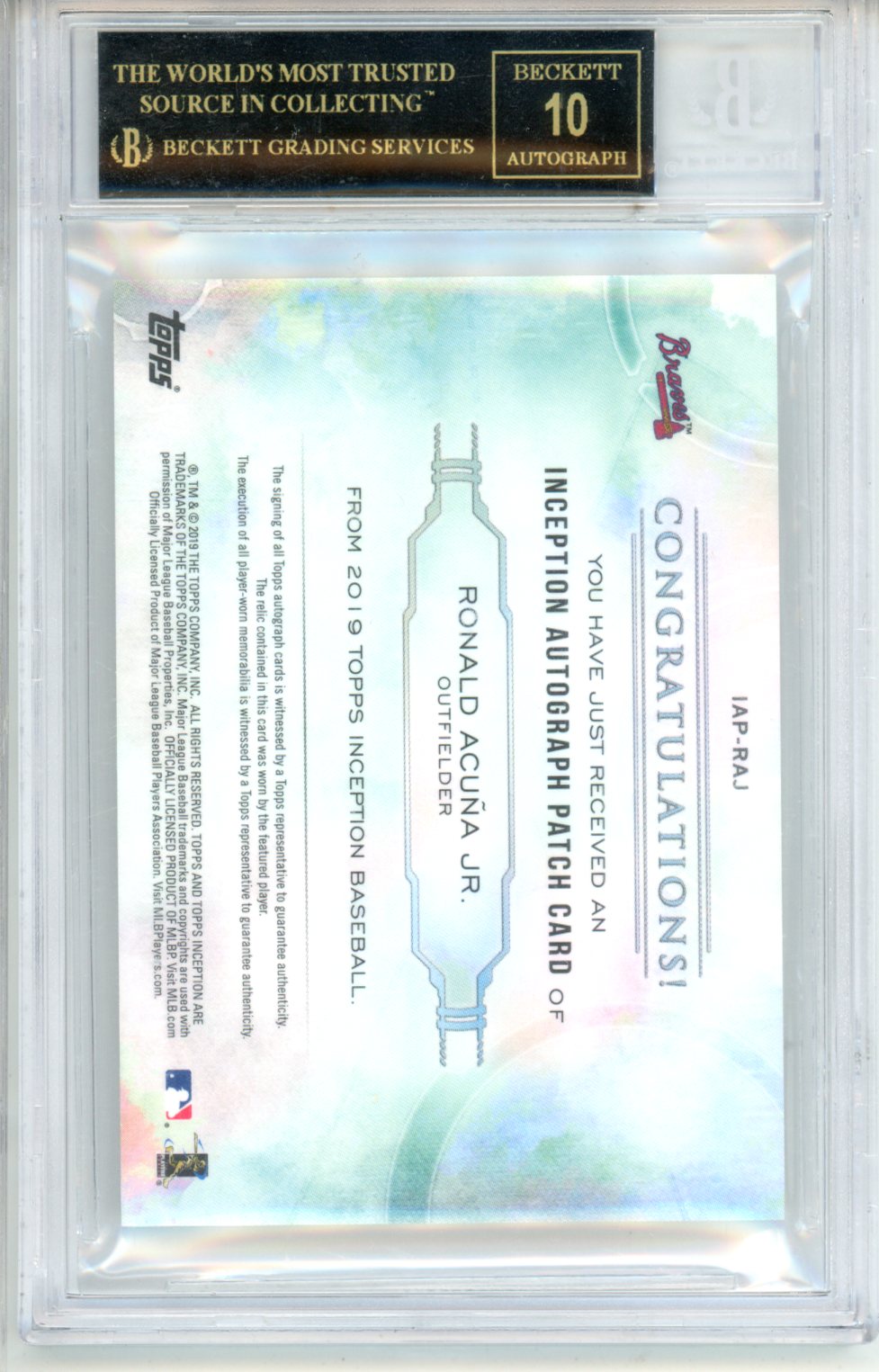 2019 Topps Inception Patch Autographs Ronald Acuna Jr. /199 #IAPRAJ BGS 10
