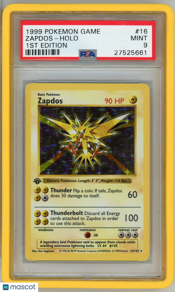 1999 Pokemon Game PokéMon TCG Zapdos #16 1ST Edition PSA 9