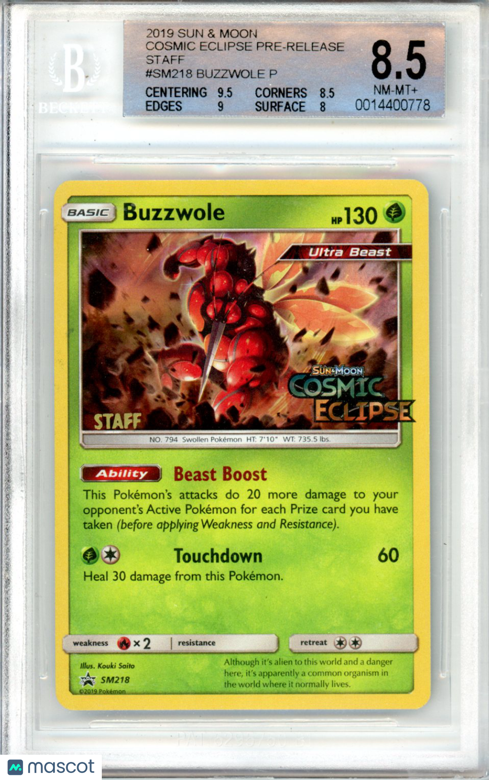 2019 Pokemon Cosmic Eclipse Pre-Release Staff Buzzwole P #SM218 BGS 8.5