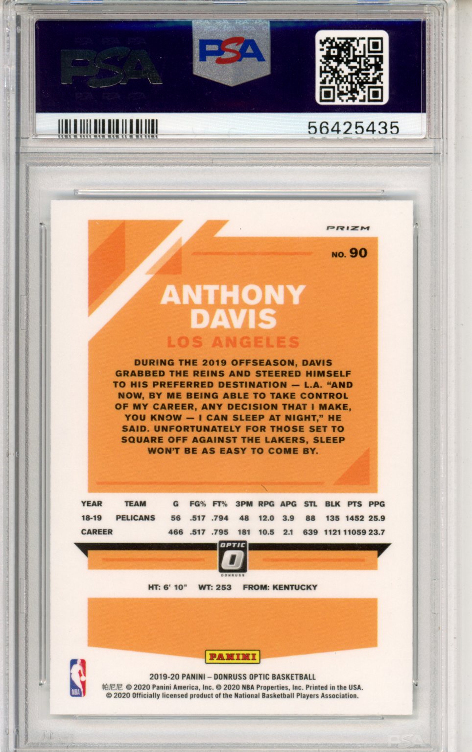 2019 Panini Donruss Optic Anthony Davis Holo #90 PSA 10 Los Angeles Lakers