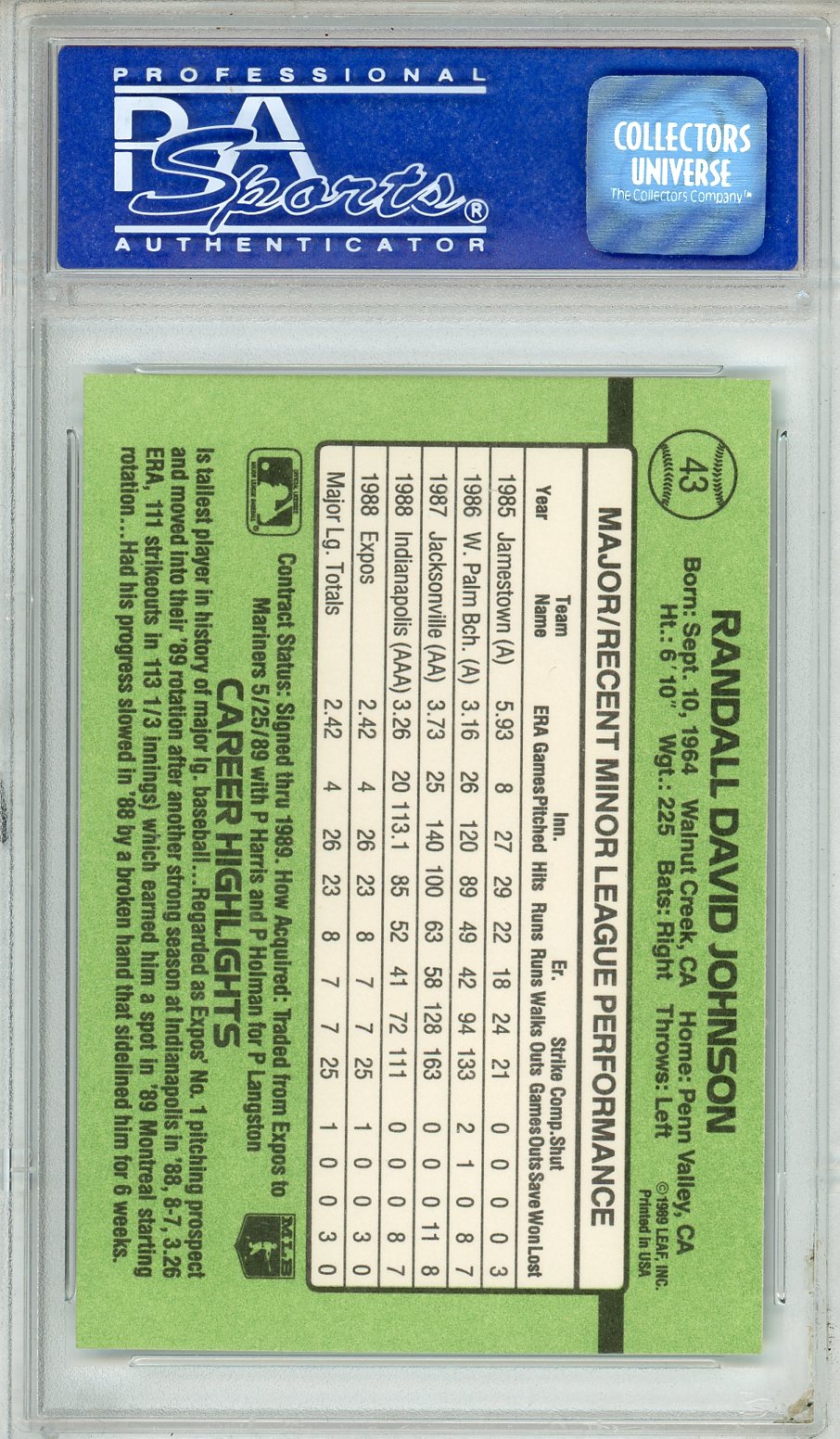 1989 Donruss Rookies Randy Johnson #43 PSA 8