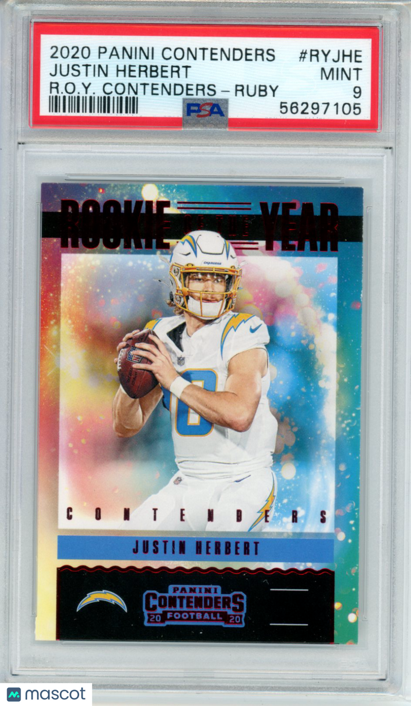 2020 Panini Contenders Rookie Of The Year Contenders Justin Herbert Ruby PSA 9