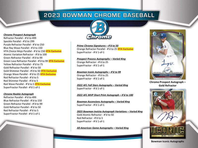 2023 Bowman Chrome Baseball Hobby HTA Choice Box (3 Autos/Box)