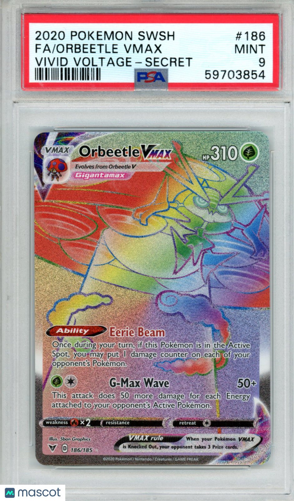 2020 Pokemon Sword & Shield Vivid Voltage Orbeetle VMAX #186 Secret FA PSA 9
