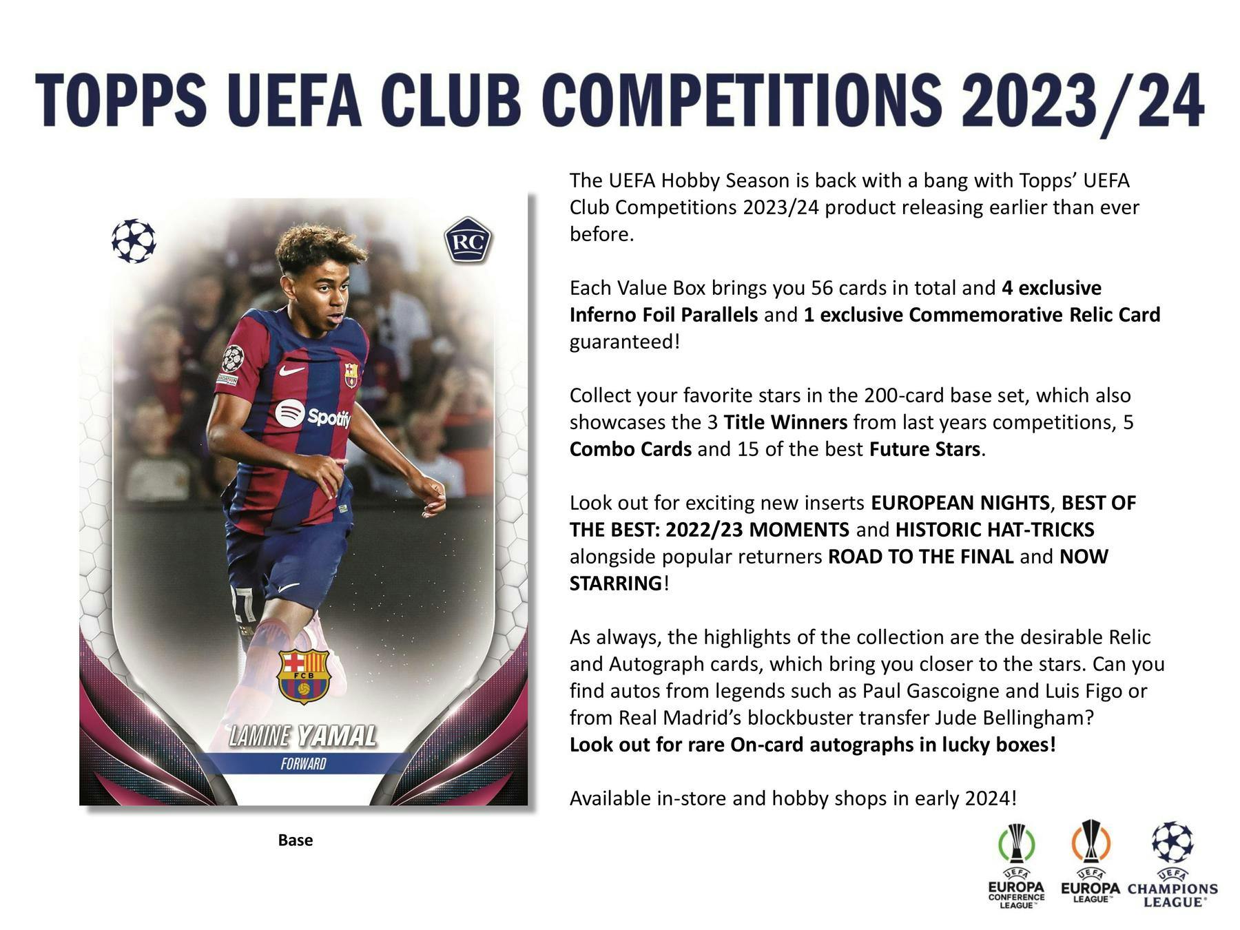 2023/24 Topps UEFA Club Competitions Soccer 7 Pack Blaster Box (1  Relic / 4 Inferno Inserts)