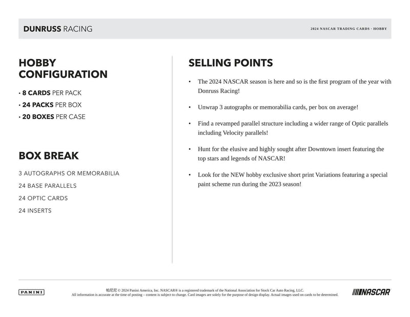 2024 Panini Donruss Racing Hobby Box (3 Auto / Mem)