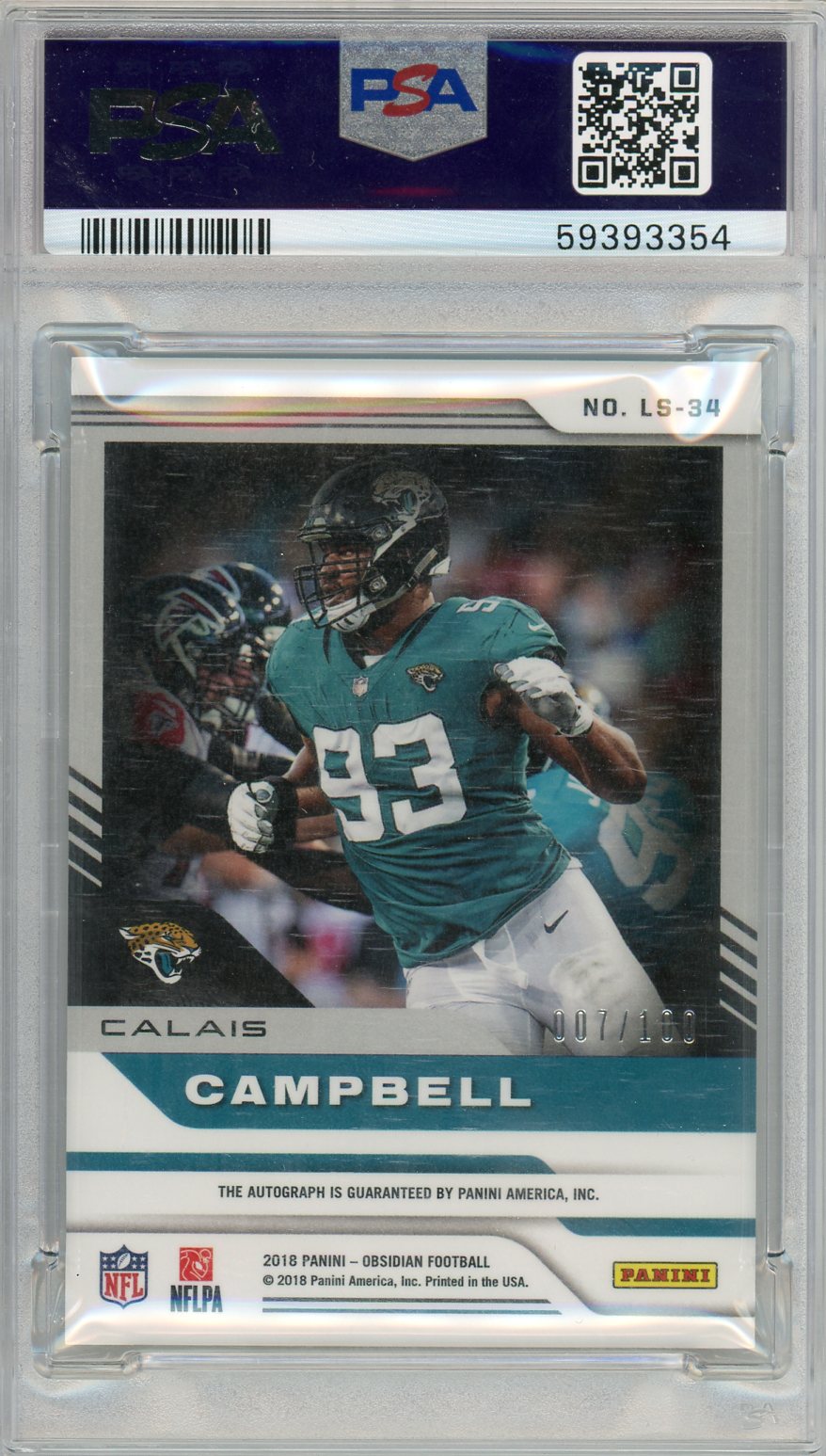 2018 Panini Obsidian Lightning Strike Autographs Calais Campbell PSA 10 GEM MINT