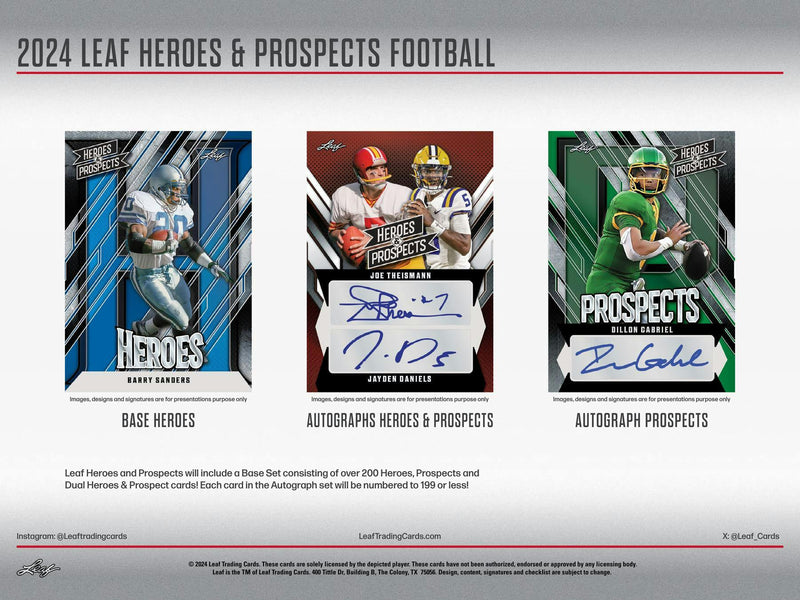 Jumbo 2024 Leaf Heroes & Prospects Football Hobby Box (12 Autographs)