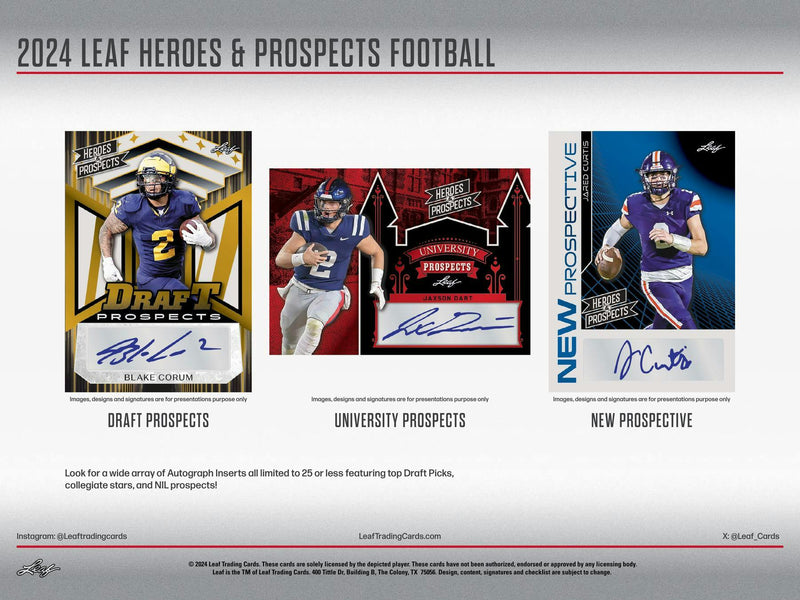 Jumbo 2024 Leaf Heroes & Prospects Football Hobby Box (12 Autographs)