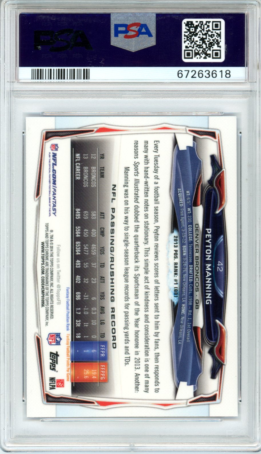 2014 Topps Chrome Peyton Manning Purple Refractor #42 PSA 9