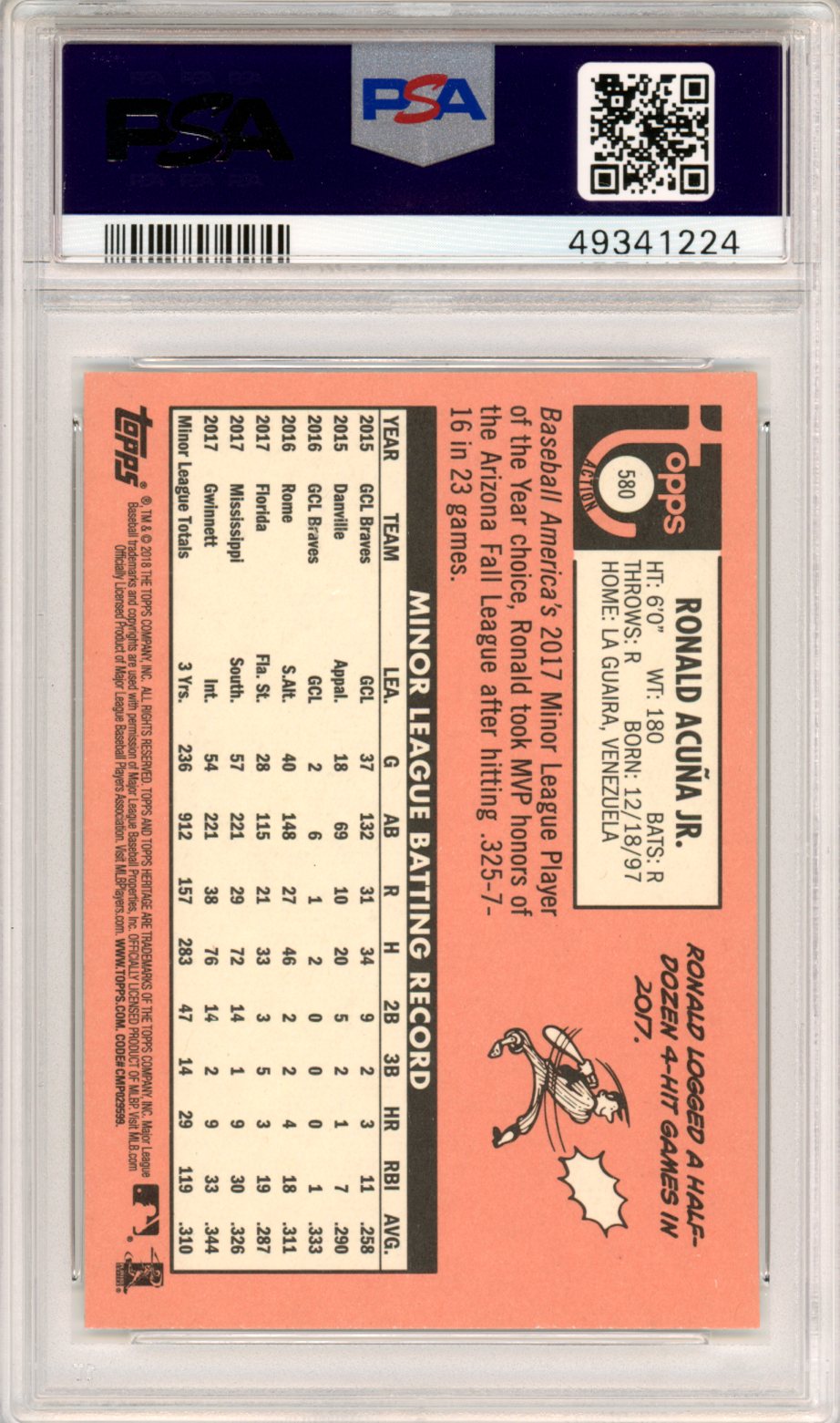 2018 Topps Heritage Ronald Acuna JR. Action #580 PSA 10