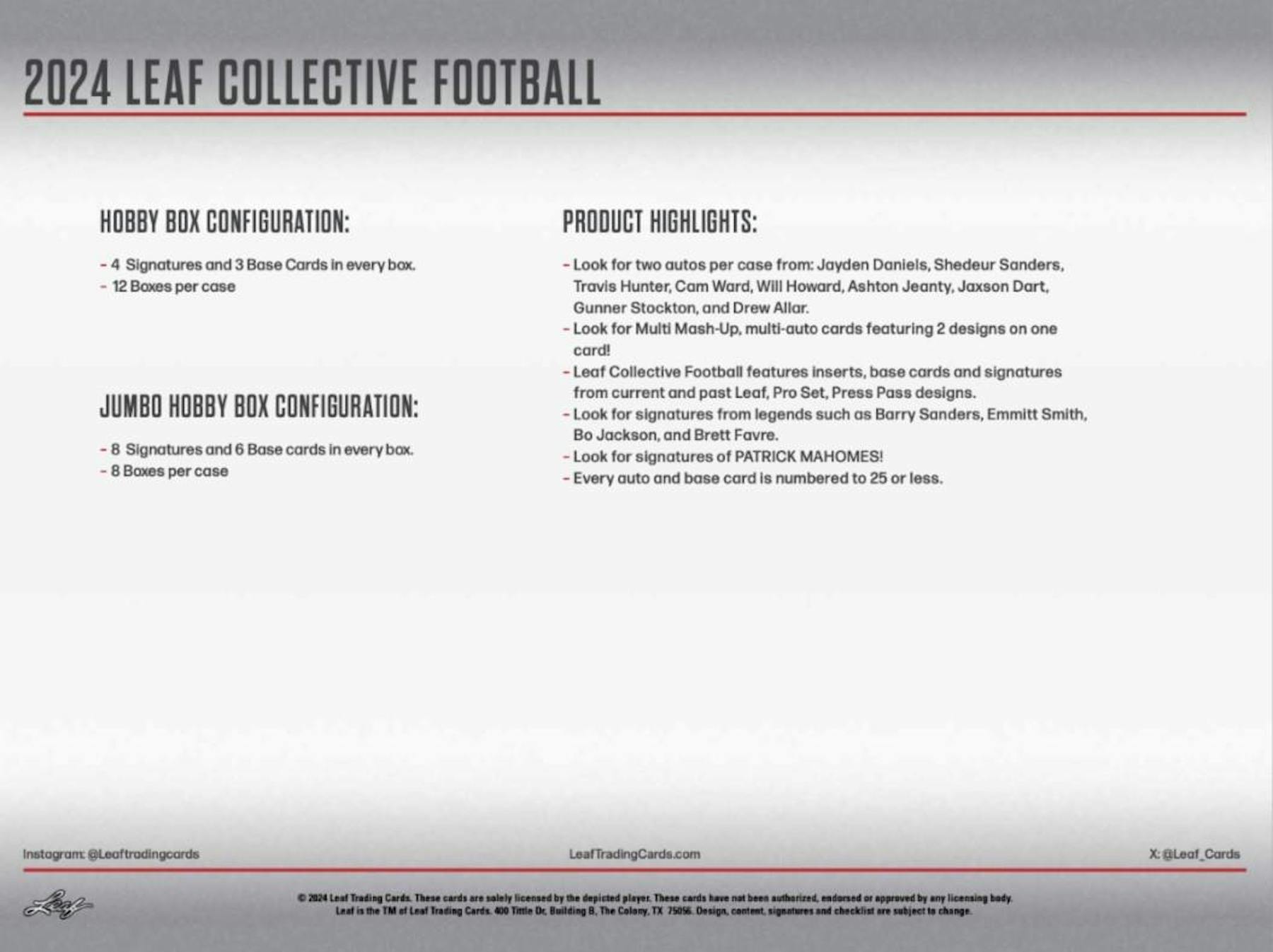 2024 Leaf Collective Football Hobby Box (4 Autos) Travis Hunter, Jayden Daniels, Cam Ward