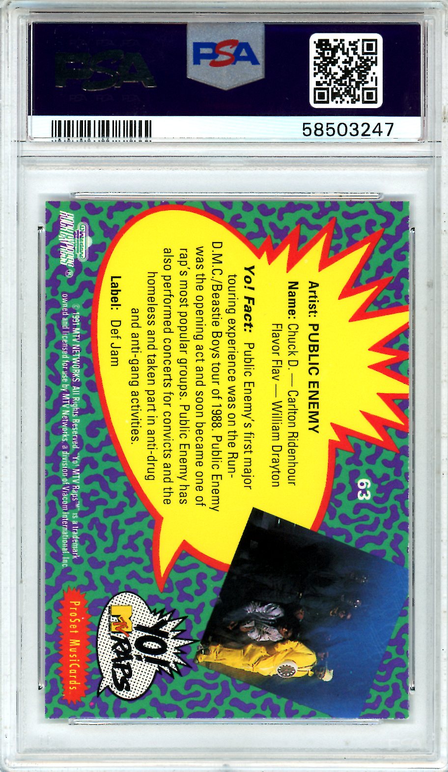 1991 Proset Musicards Yo! MTV Raps Public Enemy #63 PSA 9