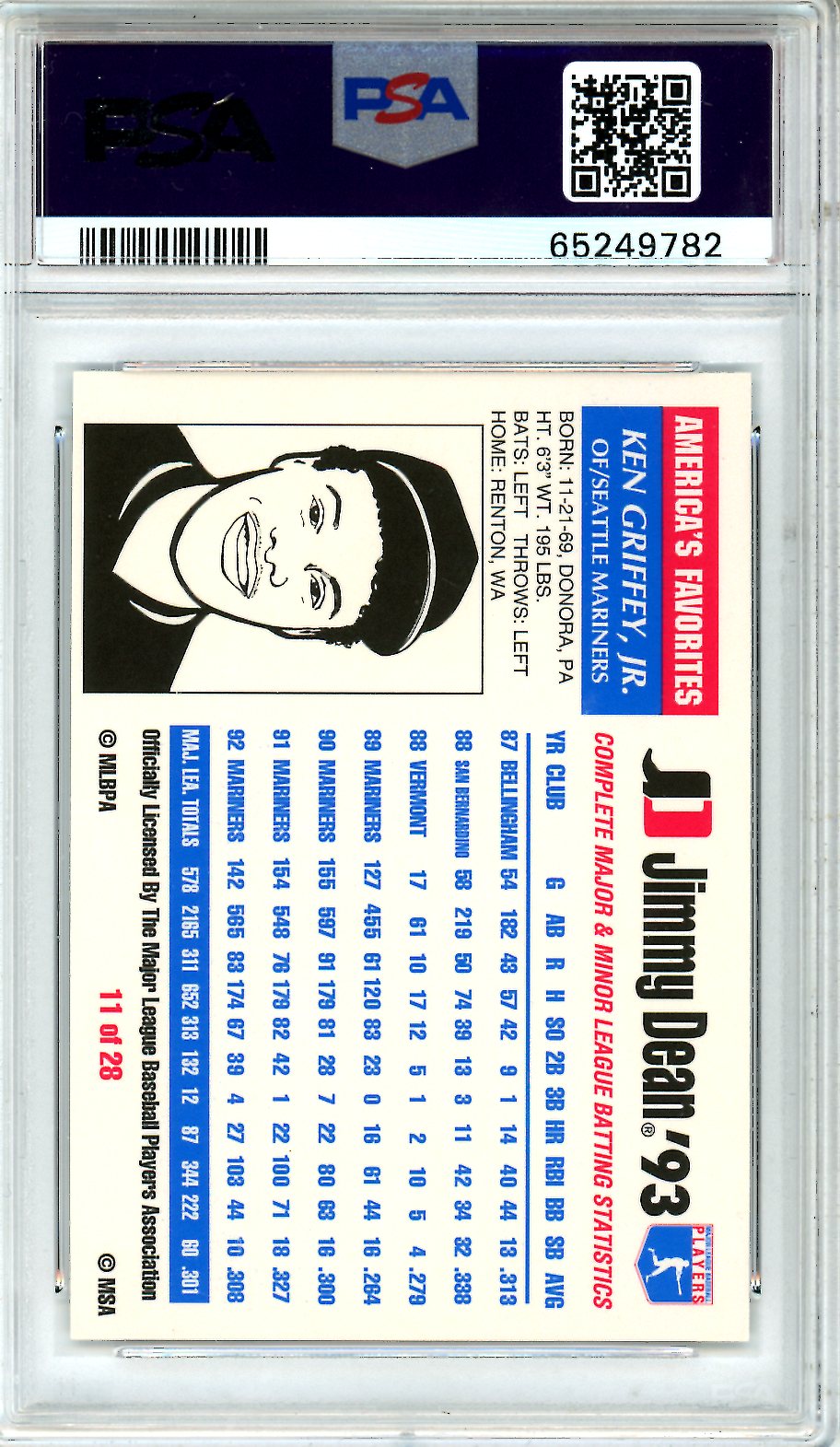1993 Jimmy Dean Ken Griffey JR. #11 PSA 9 MINT Seattle Mariners