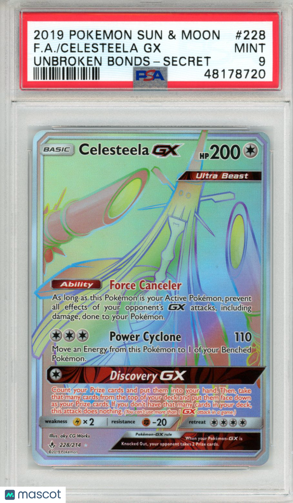 2019 Pokemon Sun & Moon Unbroken Bonds Celesteela GX #228 Secret FA PSA 9 MINT