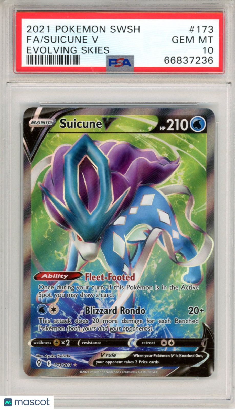 2021 Pokemon Sword & Shield Evolving Skies Suicune V #173 FA PSA 10 GEM MINT