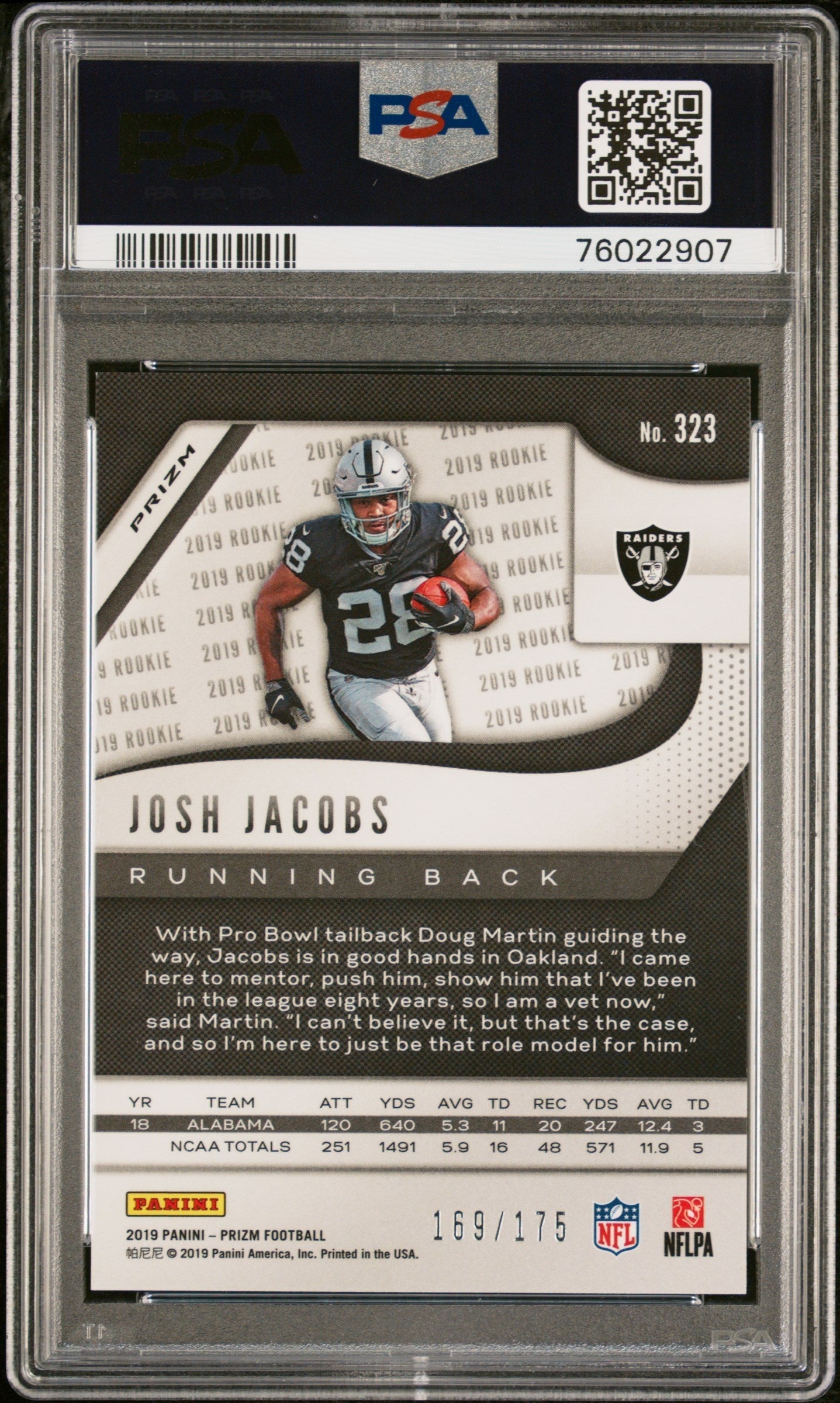 2019 Panini Prizm Josh Jacobs Hyper 169/175 Rookie #323 PSA 10 GEM MINT - Graded Sports Cards