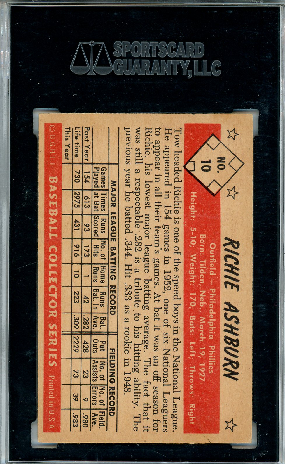 1953 Bowman Color Richie Ashburn #10 SGC 5.5 Philadelphia Phillies (Old Cert)